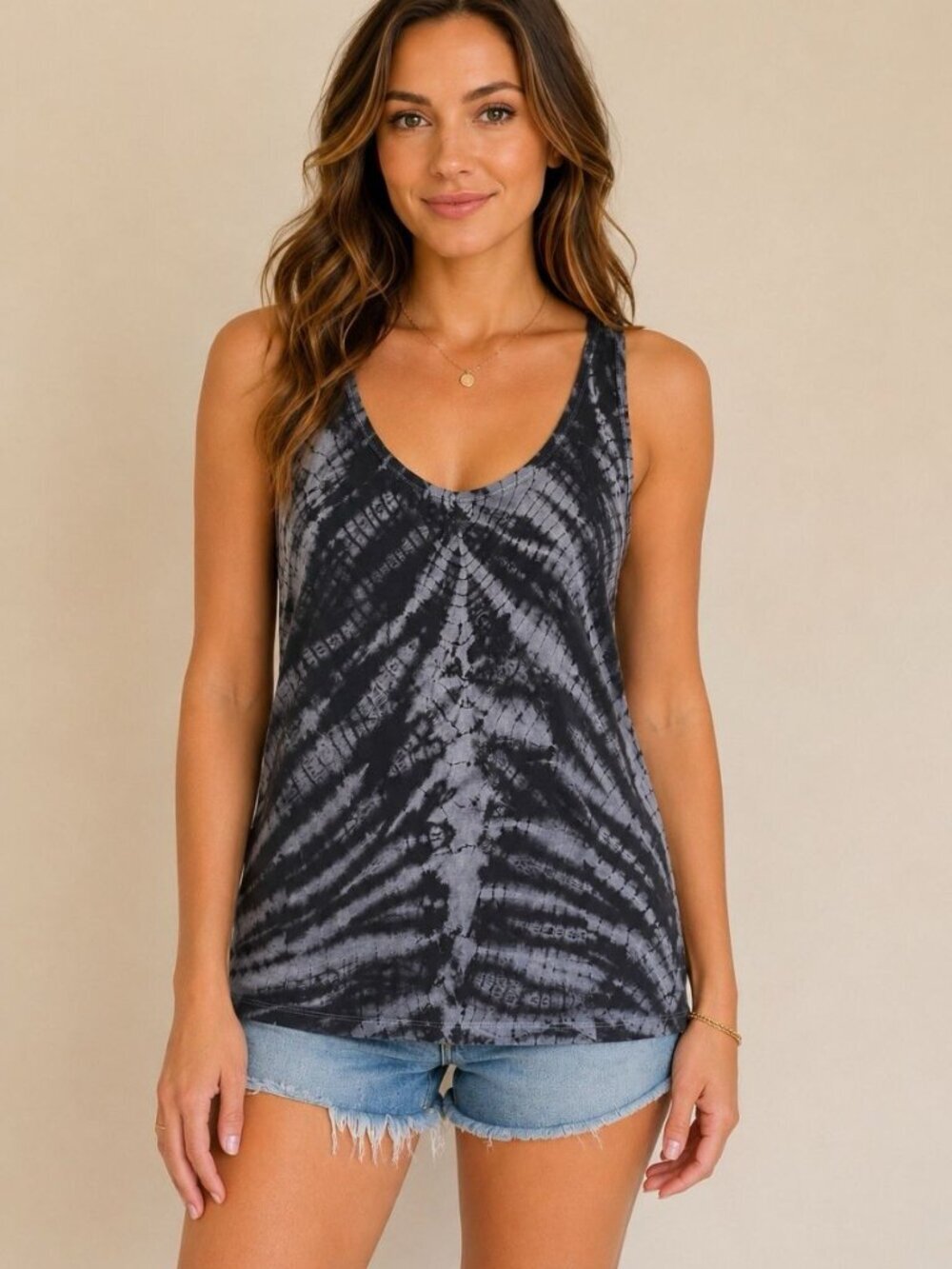 Black Gray Tie Dyed Tank Top Women XS Relaxed Fit Casual Boho Flowy Hippie Chic